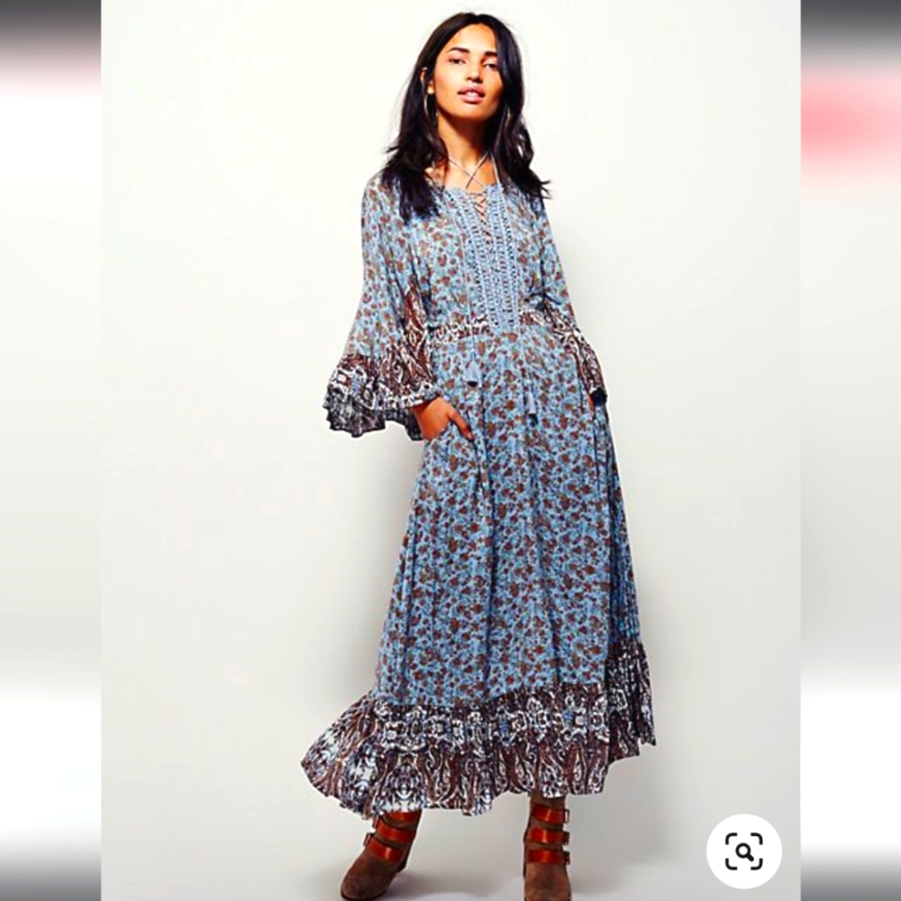 Free People All Mixed Up Lace Up Flare Sleeve Ruffle Hem Maxi Boho Dress 6 - Picture 2 of 15